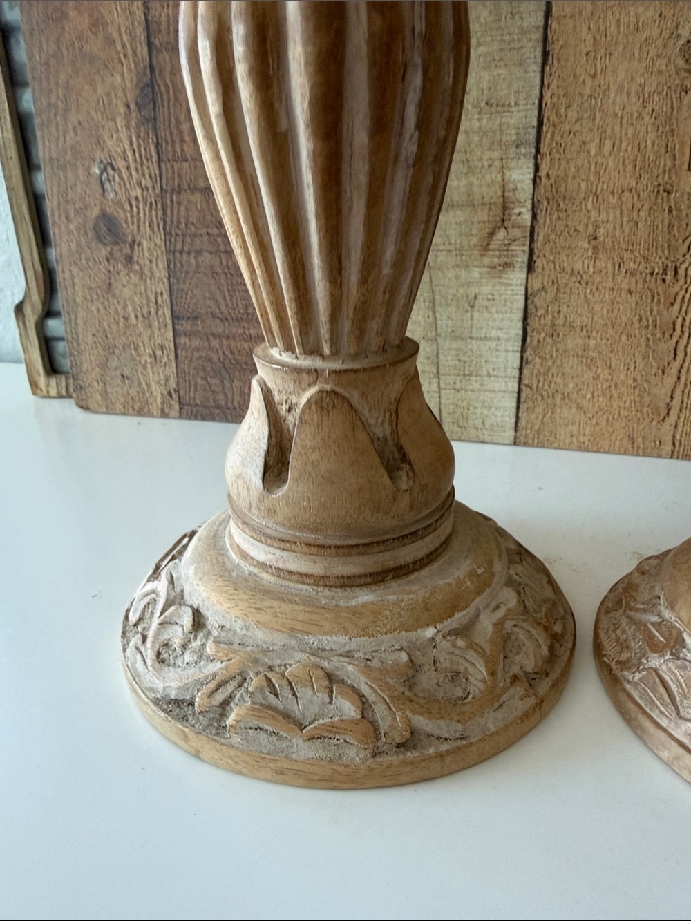Decorative Carved Wood Candlestick Pair - Natural Cream/Tan Finish - Picture 8 of 10